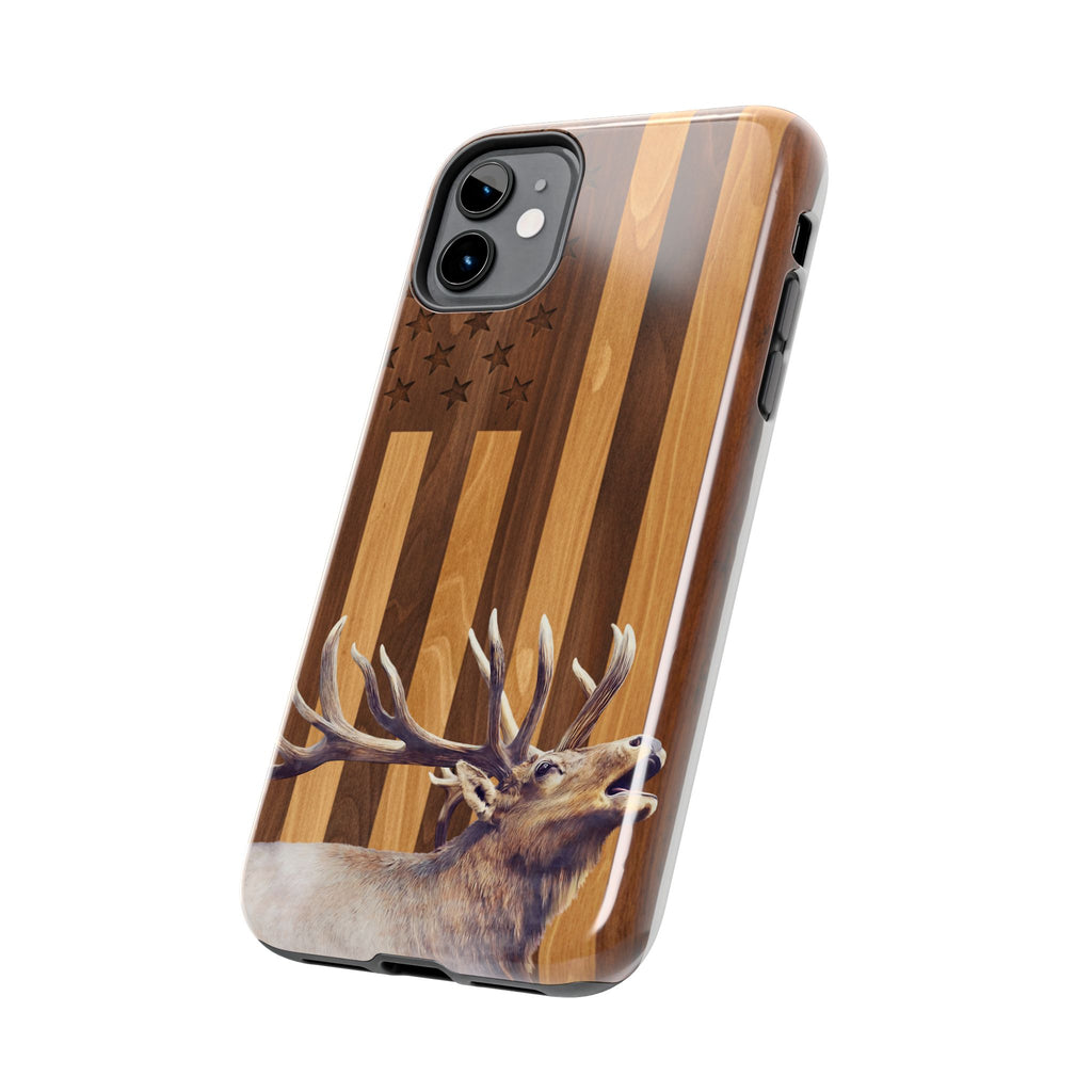 Elk Silhouette Flag Tough Phone Case | Wood Grain Patriotic Phone Case
