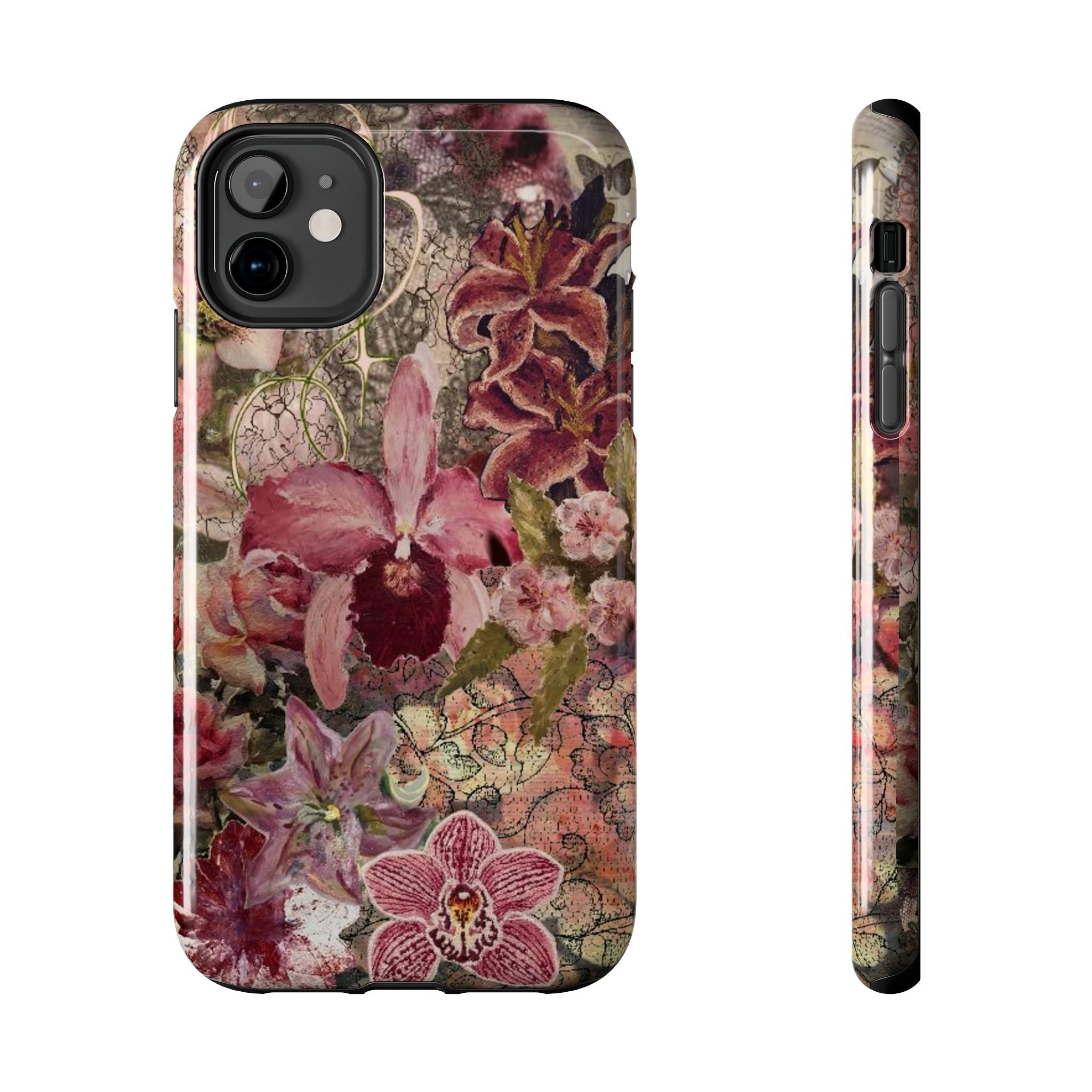 Vintage Orchid Floral Phone Case | Tough Phone Case, Botanical Pink Burgundy