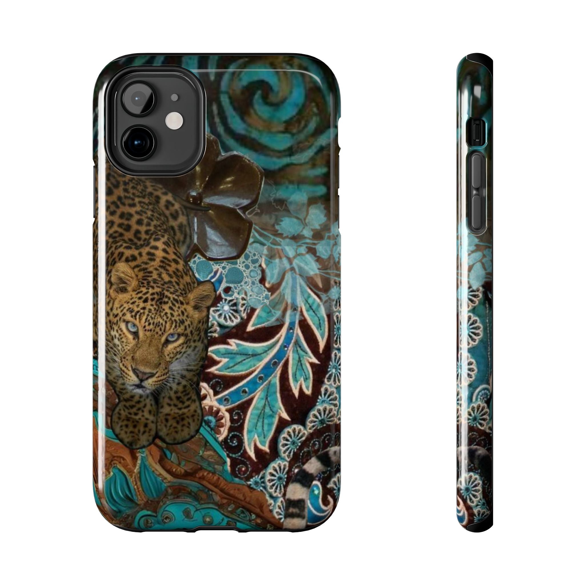 Leopard Floral Illustration Tough Phone Case | Teal Boho Wildlife Pattern