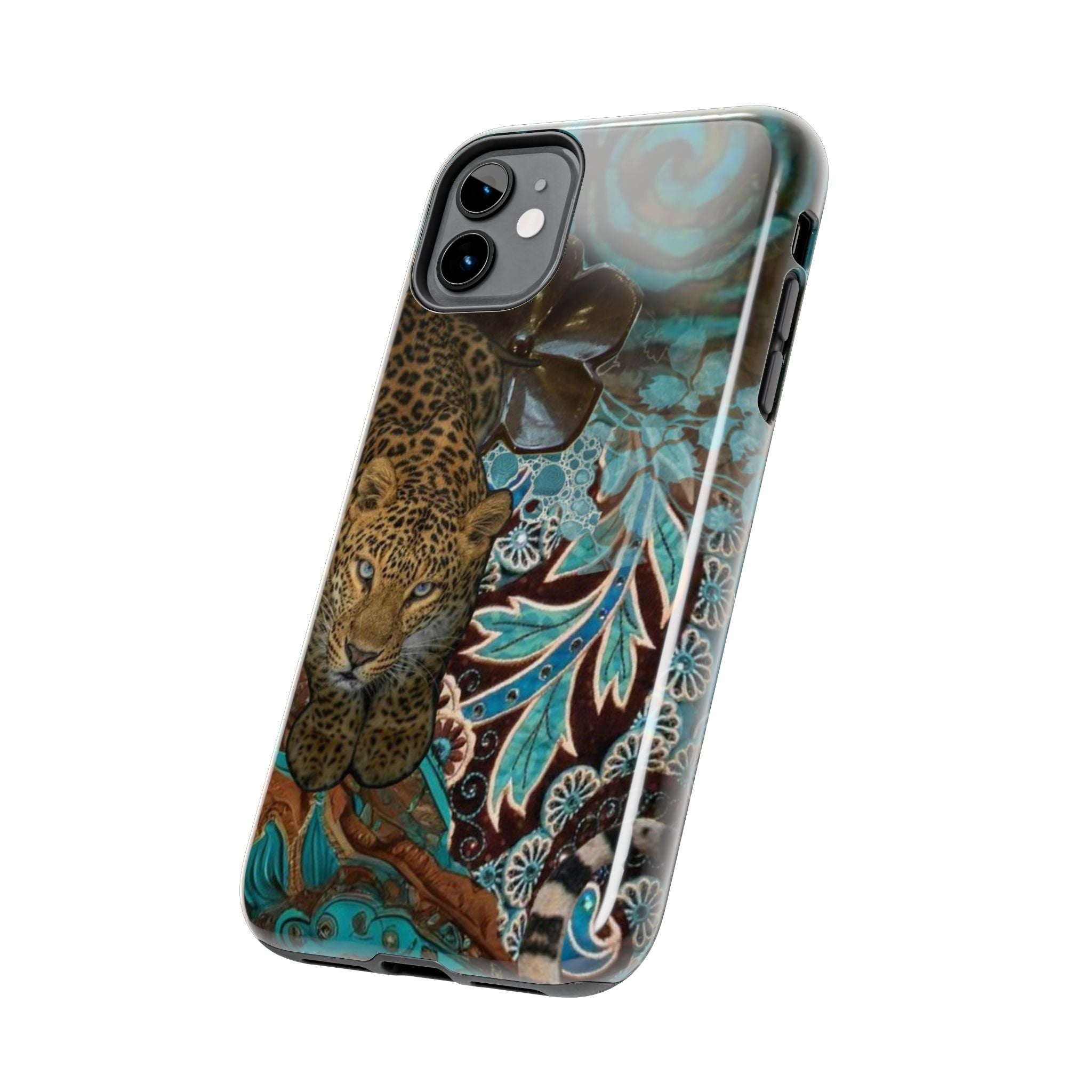 Leopard Floral Illustration Tough Phone Case | Teal Boho Wildlife Pattern