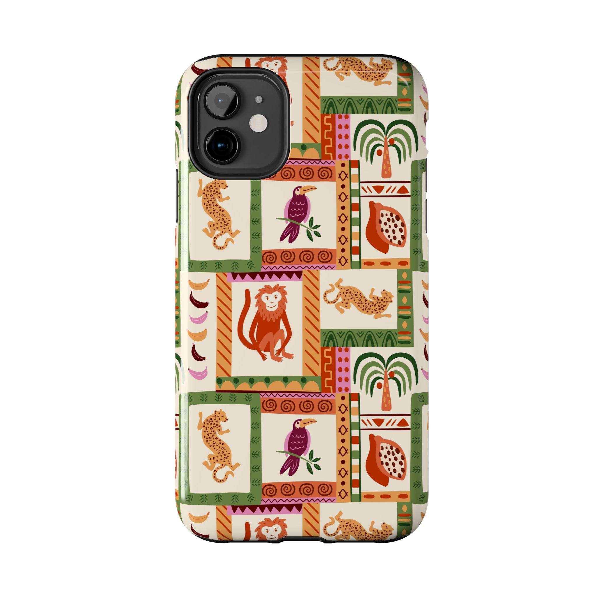 Jungle Patchwork Phone Case | Monkey, Leopard, Parrot Pattern Tough Case