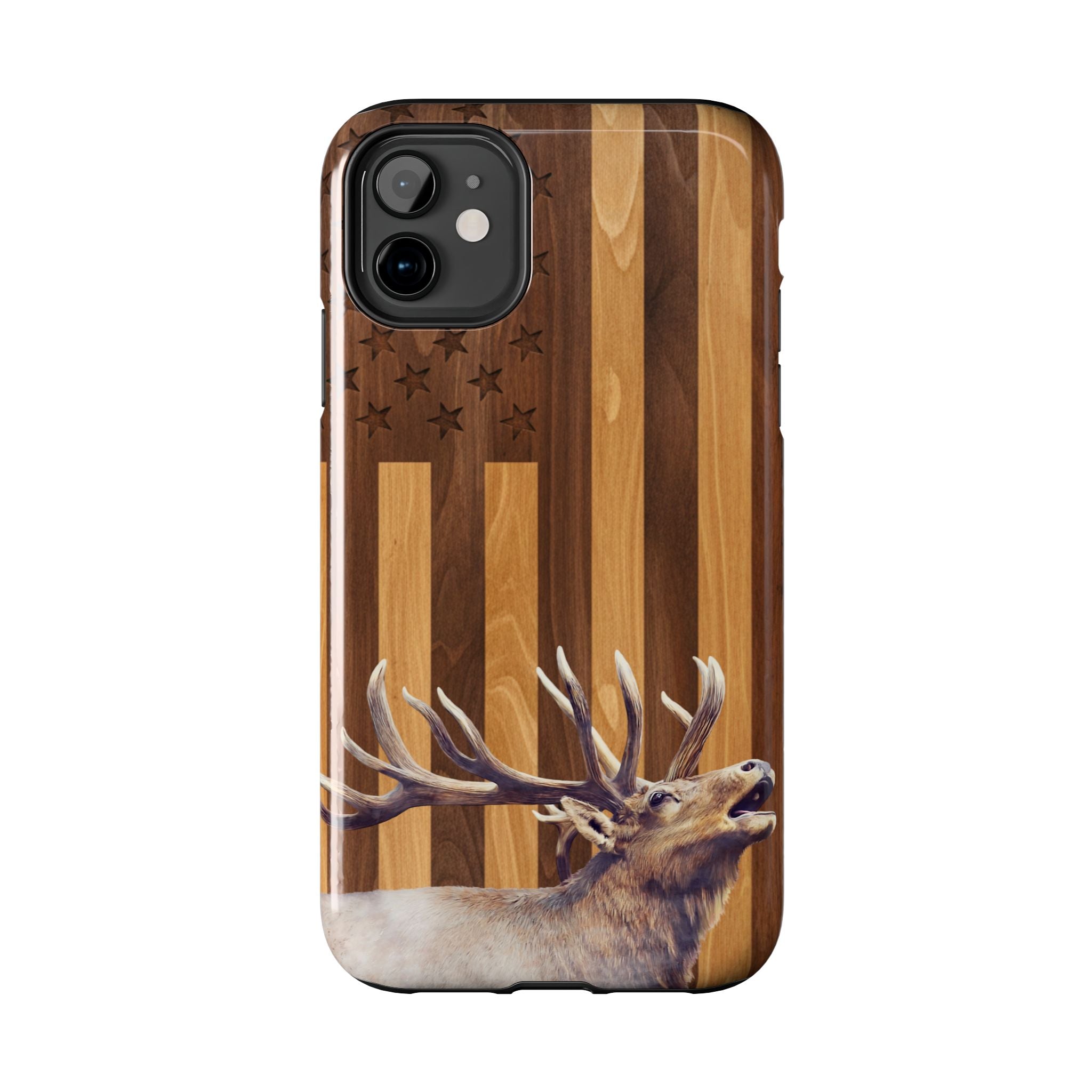 Elk Silhouette Flag Tough Phone Case | Wood Grain Patriotic Phone Case