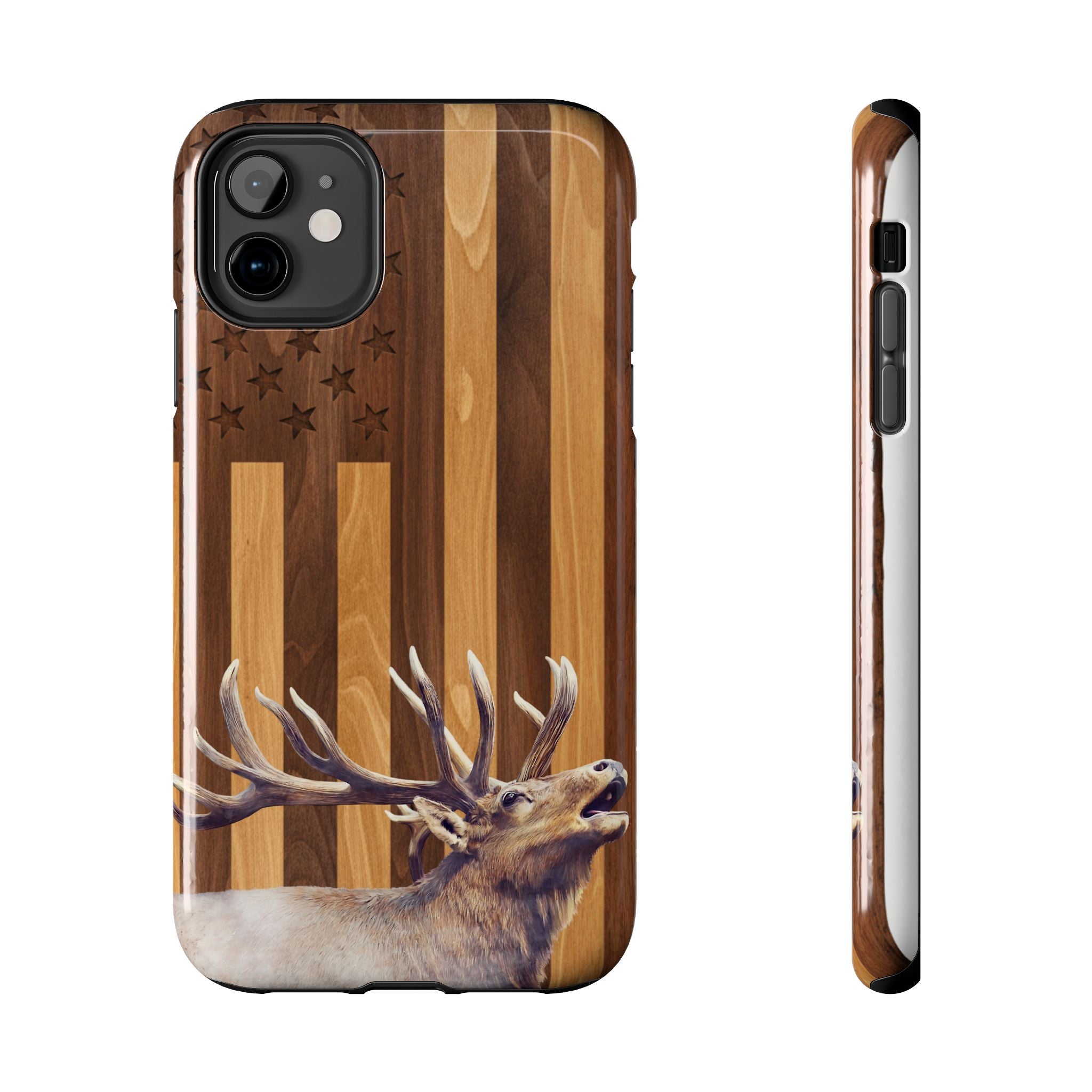 Elk Silhouette Flag Tough Phone Case | Wood Grain Patriotic Phone Case