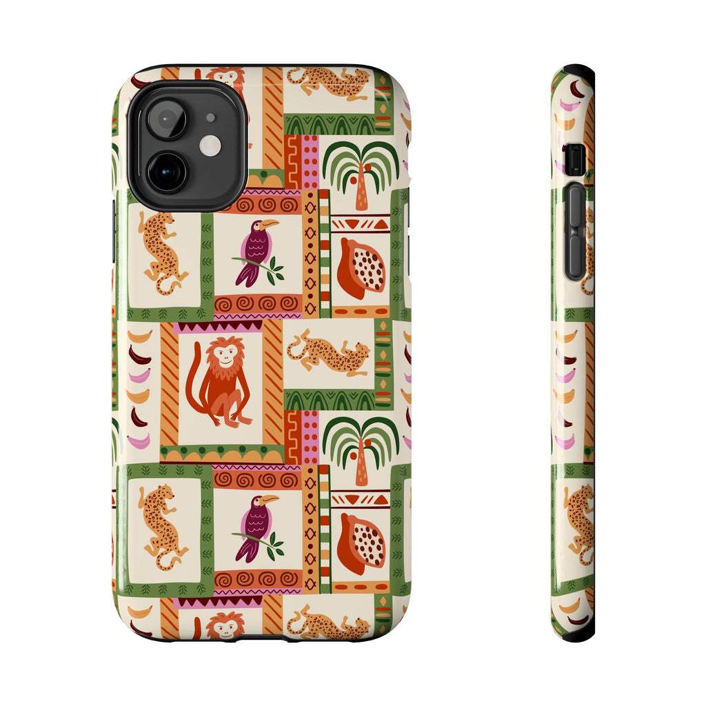 Jungle Patchwork Phone Case | Monkey, Leopard, Parrot Pattern Tough Case